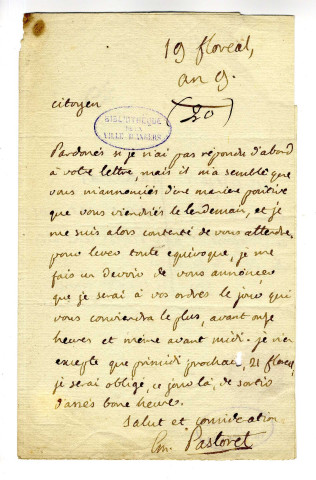 Correspondance du marquis de Pastoret [a Lakanal]