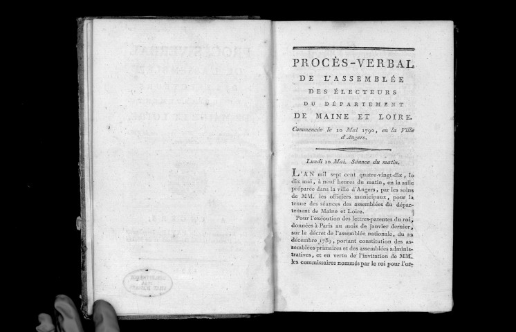 Procès-verbal de l'assemblée des électeurs du département de Maine-et-Loire, commencée le 10 mai 1790