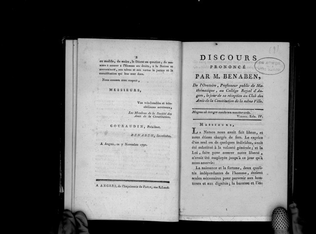 Discours prononcé par M. Benaben, de l'Oratoire, professeur public de mathématiques au collége royal d'Angers, le jour de sa réception au club des Amis de la constitution de la même ville