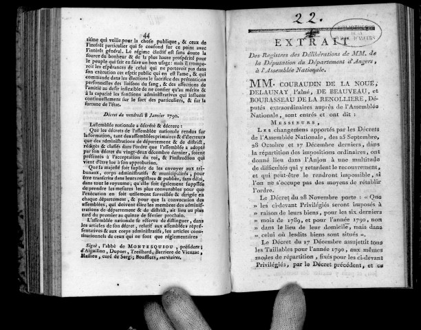 Extrait des registres des délibérations de MM. de la députation du département d'Angers à l'Assemblée nationale