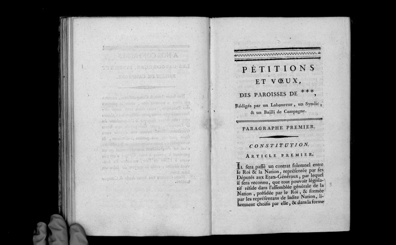 Doléances, voeux et pétitions, pour les représentants des paroisses de ...... aux assemblées de la nation pour les États généraux. Rédigés par un laboureur, un syndic {et} un bailli de campagne