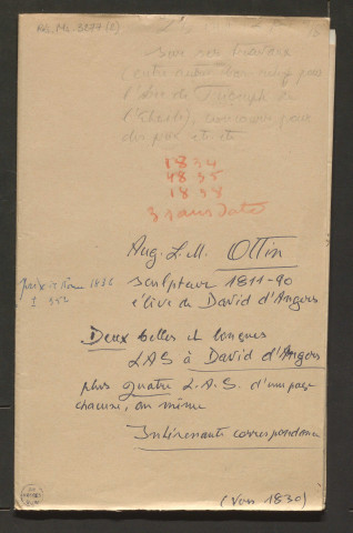 Correspondance passive de Pierre-Jean David d'Angers provenant de la collection d'André Bruel, et notes et pièces diverses. Dossier 2, Lettres autographes d'Auguste-Louis-Marie Ottin
