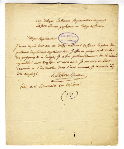 Correspondance de Lefèvre Gineau [à Joseph Lakanal]