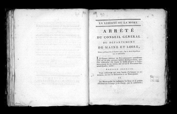 Arrêté du conseil général du département de Maine-et-Loire, relatif aux bestiaux saisis sur le pays occupé par les rebelles de la Vendée. Séance publique du 24 septembre 1793