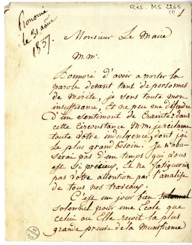 Discours de Jean-Michel Mercier, de Versailles, peintre d'histoire, aux distributions des prix de l'Ecole de dessin d'Angers dont il était directeur