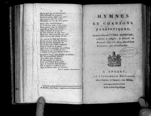 Hymnes et chansons patriotiques, pour la fête de l'Etre-Suprême, célébrée à Angers, le Décadi 20 Prairial, l'an 2me. de la République française, une et indivisible.