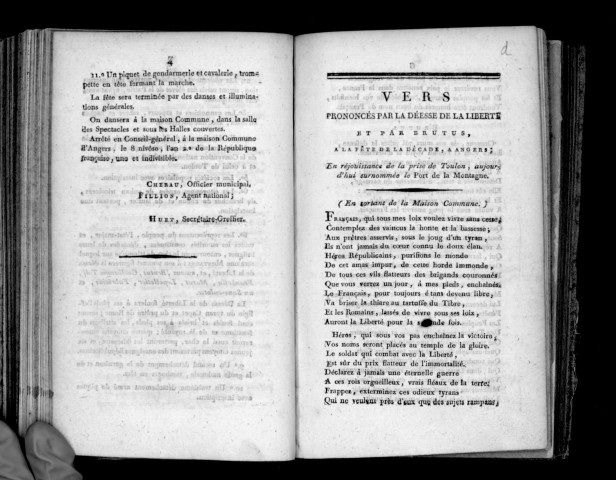 Délibération du conseil général de la commune d'Angers, relative à la fête civique à exécuter, pour célébrer les victoires remportées contre les brigands de la Vendée et les infâmes suppôts du despotisme, réunis dans Toulon