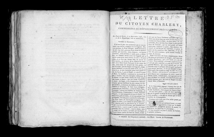 Lettre du citoyen Charlery, commissaire du département près l'armée