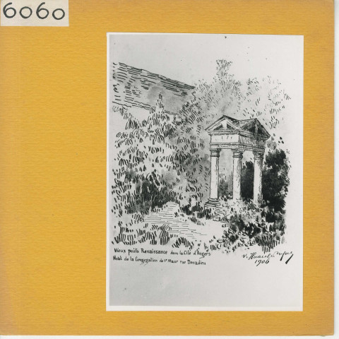 Angers : 16-18 rue Donadieu-de-Puycharic, puits Renaissance de la maison canoniale Saint-Maurille. Photographie d'un dessin de Valentin Huault-Dupuy (1906)