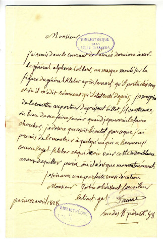 Correspondance de Damas, lieutenant général, avec Pierre-Jean David d'Angers