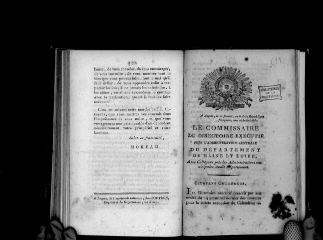 Le commissaire du directoire exécutif près l'administration centrale du département de Maine-et-Loire, à ses collègues près les administrations municipales du dit département, Signé : Moreau