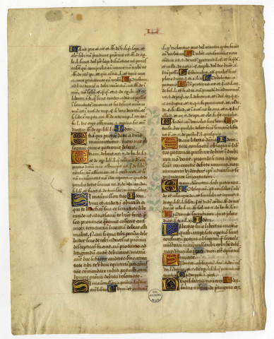 Feuillet détaché du livre VI d'un manuscrit du "Code de Justinien" copié et enluminé par le Maître du Retable Beaussant pour Pierre de Laval (1442-1493), archevêque de Reims, abbé de Saint-Aubin et Saint-Nicolas d'Angers.