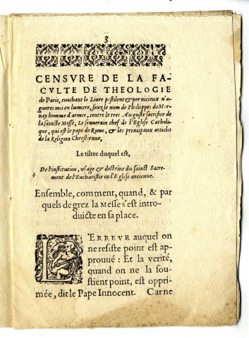 Censure du livre Du Plessis Mornay, par les docteurs en theologie de la Faculté de Paris, le 2. jour de juin 1599