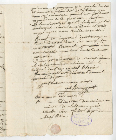 Correspondance de Boussingault Jean-Baptiste, docteur des mines du departement du Bas Rhin [à Pierre-Jean David d'Angers et à Leferme]