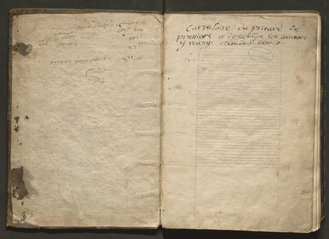 « Inventoire des chartes et panchartes, fondations, legs, dons, confirmations, privilèges, acquests, conquests, procès, sentences et autres enseignemens des rentes et revenuz du prieuré de Pruniers et de Séchillon, joinct, uny et annexé audict Pruniers, membres deppendans du monstier et abbaye monsieur Sainct Aulbin d'Angiers, estans au lieu des arches et armaires de ladite abbaye, faict à la requeste de venerable et discret religieux René le Lièvre, prieur dudit lieu de Pruniers, par frere Jehan Buignon, chantre dudit monastere, et parachevé le premier jour de avril l'an mil cinq cens trente neuf. »