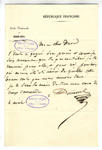 Correspondance de Dumont, secrétaire de l'Ecole des Beaux-arts, avec Pierre-Jean David d'Angers