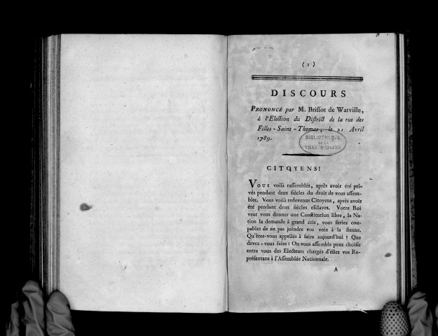 Discours prononcé par M. Brissot de Warville à l'élection du district de la rue des Filles-Saint-Thomas, le 21 avril 1789