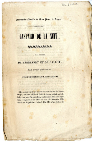 Gaspard de la nuit [Prospectus de vente], fantaisie à la manière de Rembrandt et de Callot par Louis Bertrand avec une notice par M. Sainte-Beuve