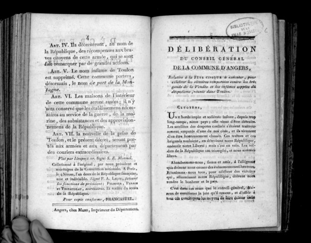 Délibération du conseil général de la commune d'Angers, relative à la fête civique à exécuter, pour célébrer les victoires remportées contre les brigands de la Vendée et les infâmes suppôts du despotisme, réunis dans Toulon