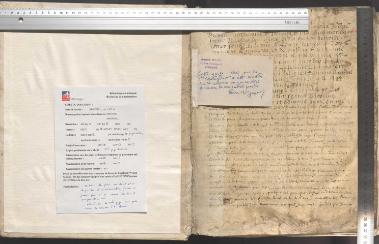 « Le mémorial et second chartulaire de l'abbaye et moustier monsieur sainct Nicolas-lez-Angers, ordre Sainct-Benoist, escript soubz le règne de Louis XIII, roi de France et de Navarre, et de messire Guillaume Fouquet de la Varenne, évesque d'Angers et abbé de ladicte abbaye Saint-Nicolas, par la diligence de Laurens Le Peletier, licentié en droict canon, humble religieux et prieur claustral de ladicte abbaye, le XIXe jour de may, l'an de grâce mil six cens dix neuf »