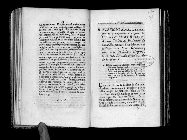 Réflexions d'un militaire sur le paragraphe ci-après de M. de Rollin, suivies d'un mémoire à présenter aux Etats-Généraux pour rendre les soldats citoyens et en faire les vrais défenseurs de la nation
