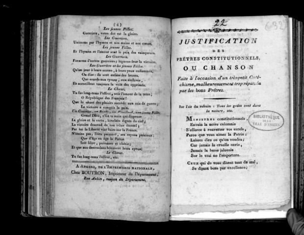 Justification des prêtres constitutionnels, ou Chanson faite à l'occasion d'un très-petit catéchisme, malheureusement trop répandu par les bons prêtres. Sur l'air du refrain : Tous les goûts sont dans la nature, etc.
