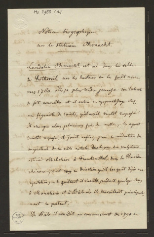 Notice biographique manuscrite sur le statuaire Landolin Ohmacht