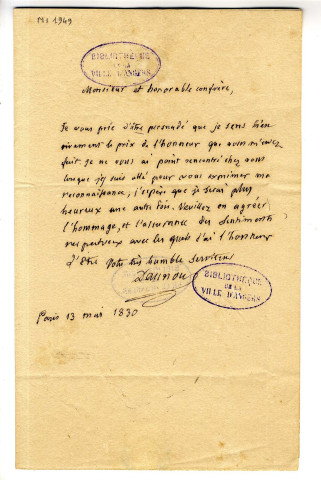 Correspondance de Daunou avec Pierre-Jean David d'Angers