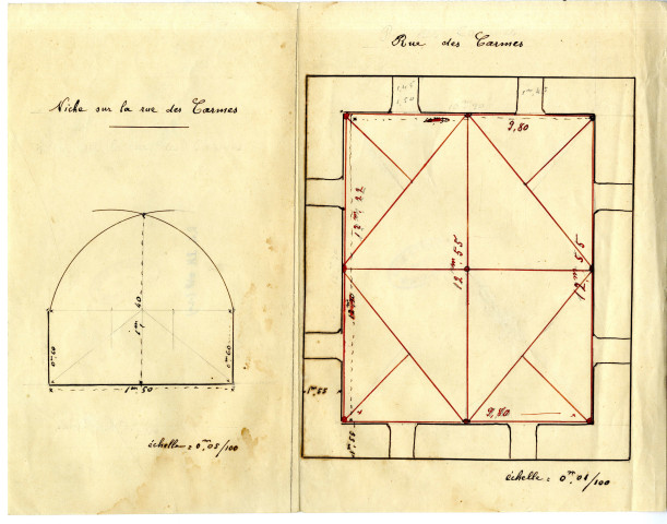 Niche sur la rue des Carmes (échelle 0,05 m/100), et rue des Carmes (échelle 0,04 m/100)