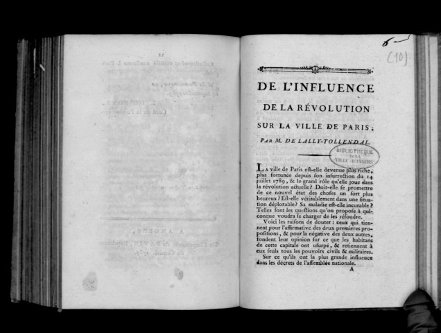 De l'influence de la révolution sur la ville de Paris, par M. de Lally-Tollendal