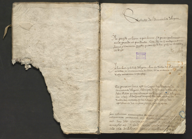 « Ce present livre est la coppie des statuts de l'Université d'Angers, escripte de la main de maistre Jehan Rubion, ancien advocat au siège présidial d'Angers, l'an 1641, à l'original desquelz statuts ne sont les tables de matiere ny des tiltres, ny de l'octroy des appetissemens des mesures et ce qui suilt après. Hanc collectionem manuscriptam statutorum, ad famosam Academiam Andegavensem pertinentium, mihi Renato Janneaux, j. u. d. et consiliario Andegavensi, dono dedit charissimus cognatus Nicolaus Rubion, monachus ord. S. Benedicti, sacrista regalis abbatiae Dominae nostrae de Labsiaco, diocesis Rupellensis, anno Domini MDCXCVI »