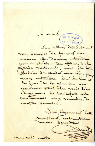 16 - 4 lettres autographes de David d'Angers, 2 lettres autographes de Mme David d'Angers signées par David d'Angers, le tout adressé à M. Monduit.