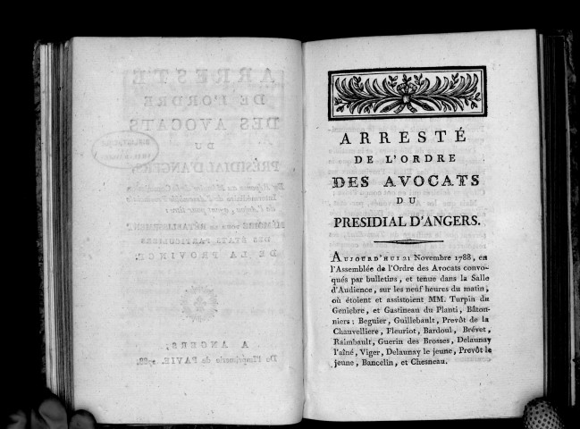 Arrêté de l'ordre des avocats du présidial d'Angers, en réponse au mémoire pour le rétablissement des Etats particuliers de la province