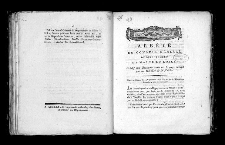 Arrêté du conseil général du département de Maine-et-Loire, relatif aux bestiaux saisis sur le pays occupé par les rebelles de la Vendée. Séance publique du 24 septembre 1793