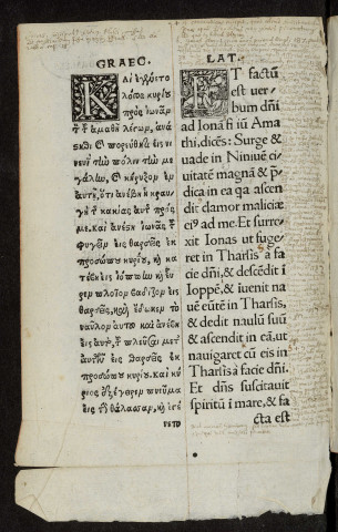 Jonas propheta in quatuor orbis principalioribus linguis, Graeca, Latina, Hebraea atque Chaldaica, pulchre sibi correspondibus columnellis. Porro Latina examussim quadrat cum Graeca.