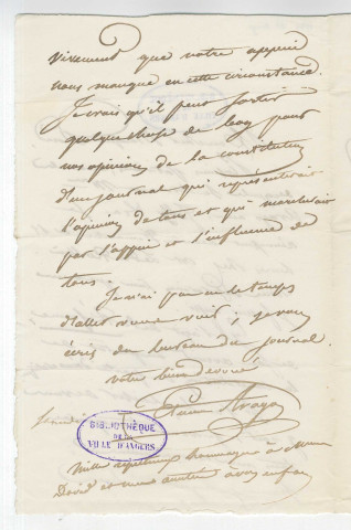 Correspondance d'Étienne Arago [à Pierre-Jean David d'Angers]