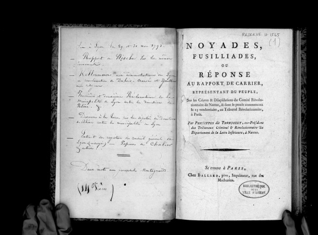 Noyades, Fusillades, ou Réponse au rapport de Carrier, représentant du peuple, sur les crimes et dilapidations du Comité révolutionnaire de Nantes..., par Phelippes, dit Tronjolly