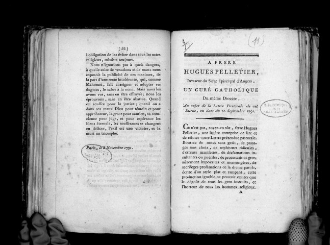 A frère Hugues Pelletier, invaseur épiscopal d'Angers, un curé catholique du même diocèse, au sujet de la lettre pastorale de cet intrus, en date du 20 septembre 1791