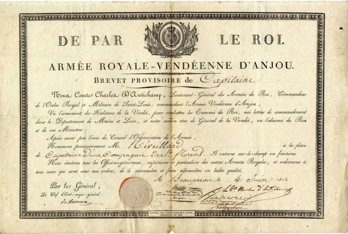 Brevet provisoire de capitaine [nommant] M. Réveillard, capitaine d'une compagnie de Saint-Florent[-le-Vieil]