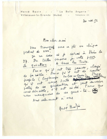 Lettres de Hervé Bazin