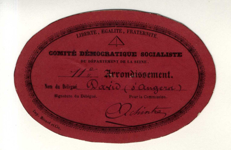 Carte ovale rouge du Comité démocratique socialiste du département de la Seine, 11e arrondissement, au nom de David d'Angers