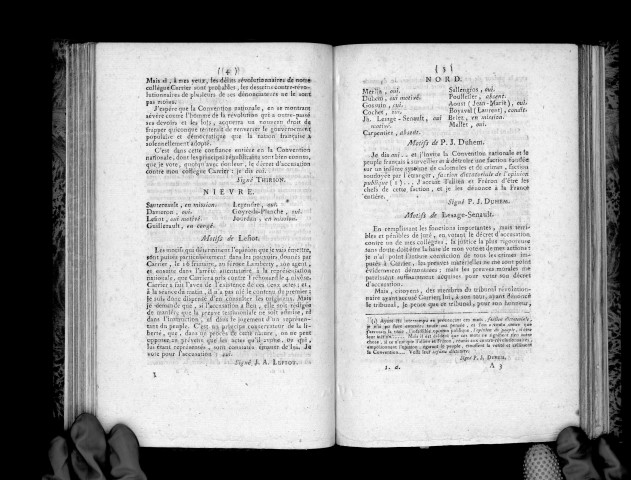 Appel nominal des 3 et 4 frimaire, l'an IIIe de la République, sur cette question : Y̧ a-t-il lieu à accusation, oui ou non, contre le citoyen Carrier, représentant du Peuple?̧