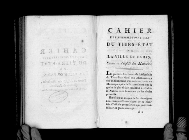 Cahier de l'assemblée partielle du tiers-état de la ville de Paris ; séante en l'église des Mathurins, quartier de Sorbonne. Suivi du procès-verbal de ladite assemblée