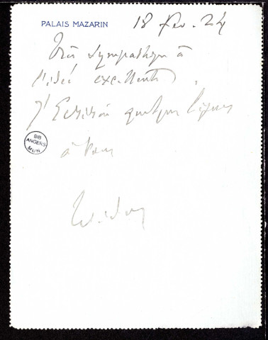 Lettre de Charles-Marie Widor à Jean Huré