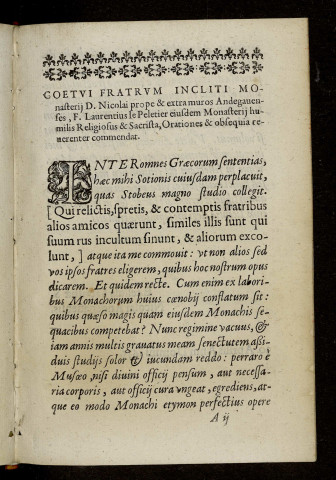 Rerum scitu dignissimarum a prima fundatione monasterii S. Nicolai Andegavensis ad hunc usque diem epitome, nec non ejusdem monasterii abbatem series, Per F. Laurentium Le Peletier