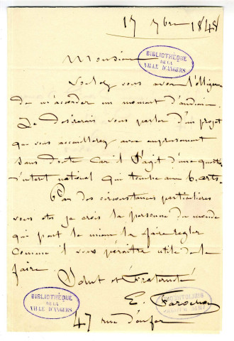 Correspondance de Farochon avec Pierre-Jean David d'Angers