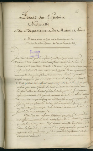Essai sur l'histoire naturelle du département de Maine-et-Loire, adressé aux administrateurs du district de Mont-Glonne