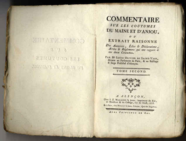 Commentaire sur les coutumes du Maine et d'Anjou, ou Extrait raisonné des autorités, édits
