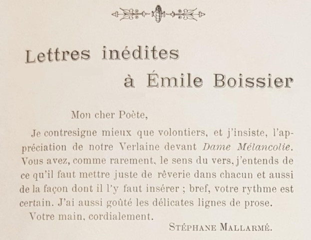 Lettre inédite de Stéphane Mallarmé à Emile Boissier, dans Les Tendances Nouvelles, n°6, le 15 mars 1905