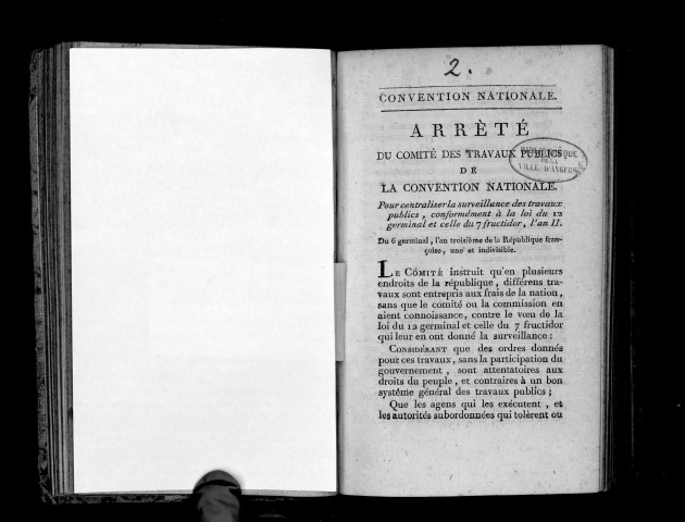 Arrêté de la Convention nationale pour centraliser la surveillance des travaux publics. Séance du 6 germinal an III